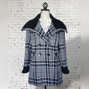 DKNY Black and White Plaid Pea Coat